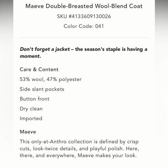 NWT Anthropologie Maeve double breasted wool blend coat in navy blue - Picture 5 of 8